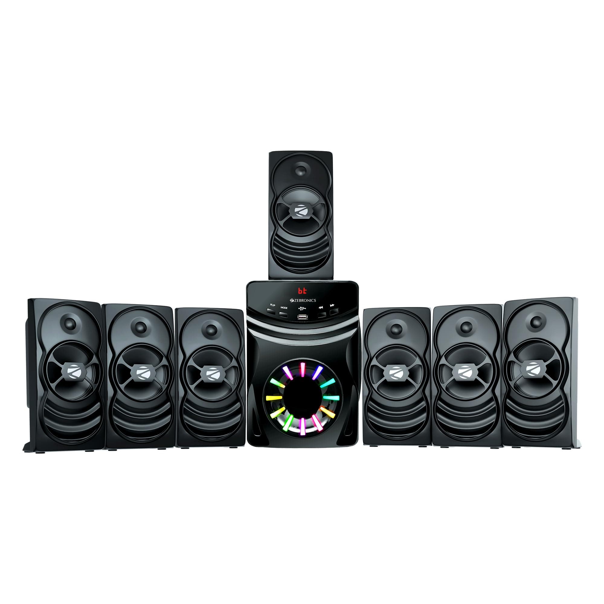 Zebronics 7.1 Channel Home Theatre Speaker, 140W Output, 13.33cm Subwoofer, RGB, Bluetooth, USB, AUX, LED Display, Remote Control, Wall-Mountable (Spark 207)