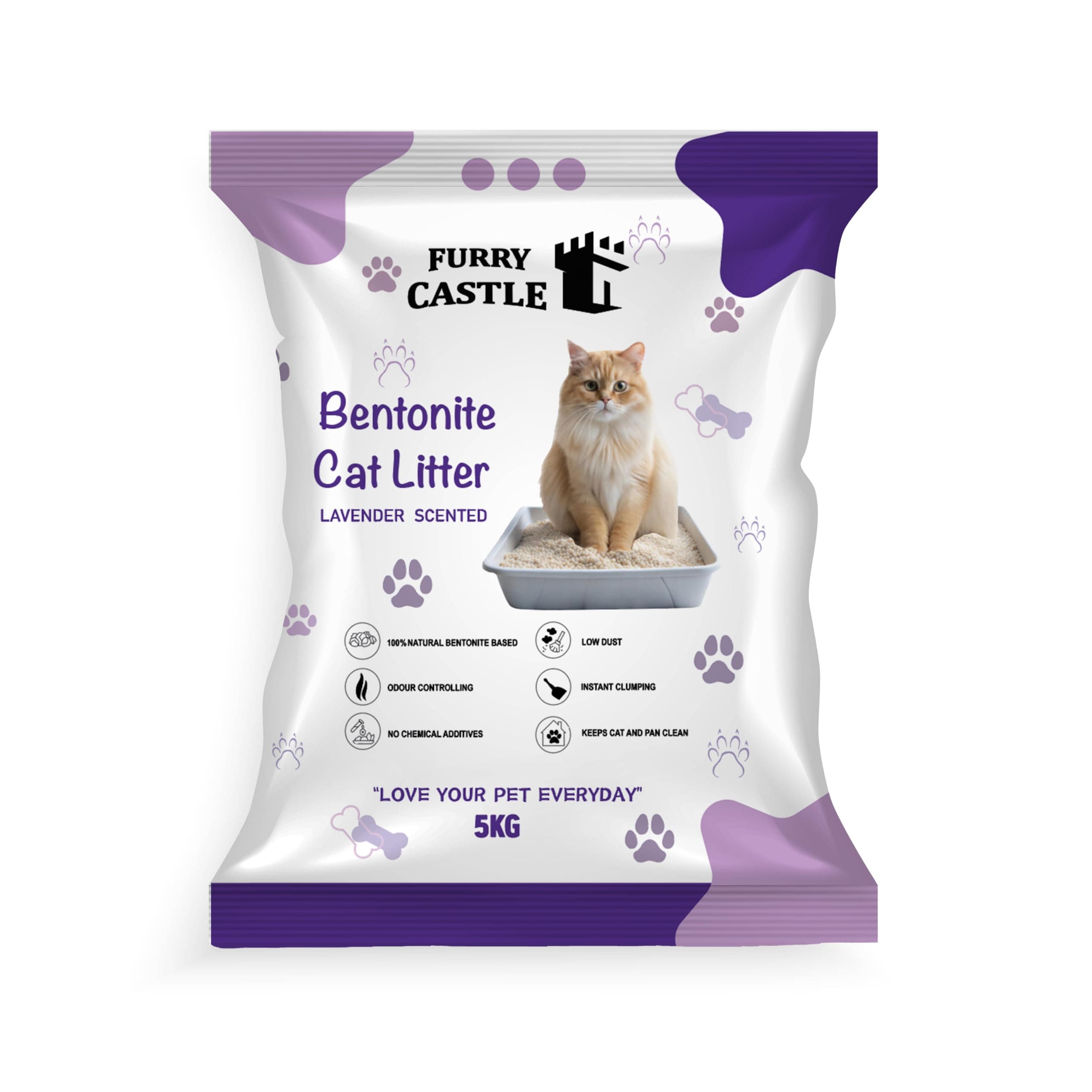Furry Castle Cat Litter Lavender 5Kg | Advanced Clumping Bentonite Sand | 99.9% Dust Free | Scoopable Scented Litter | Superior Odour Control | Paw-Friendly | Suitable for All Cat Breeds (Pack of 1)