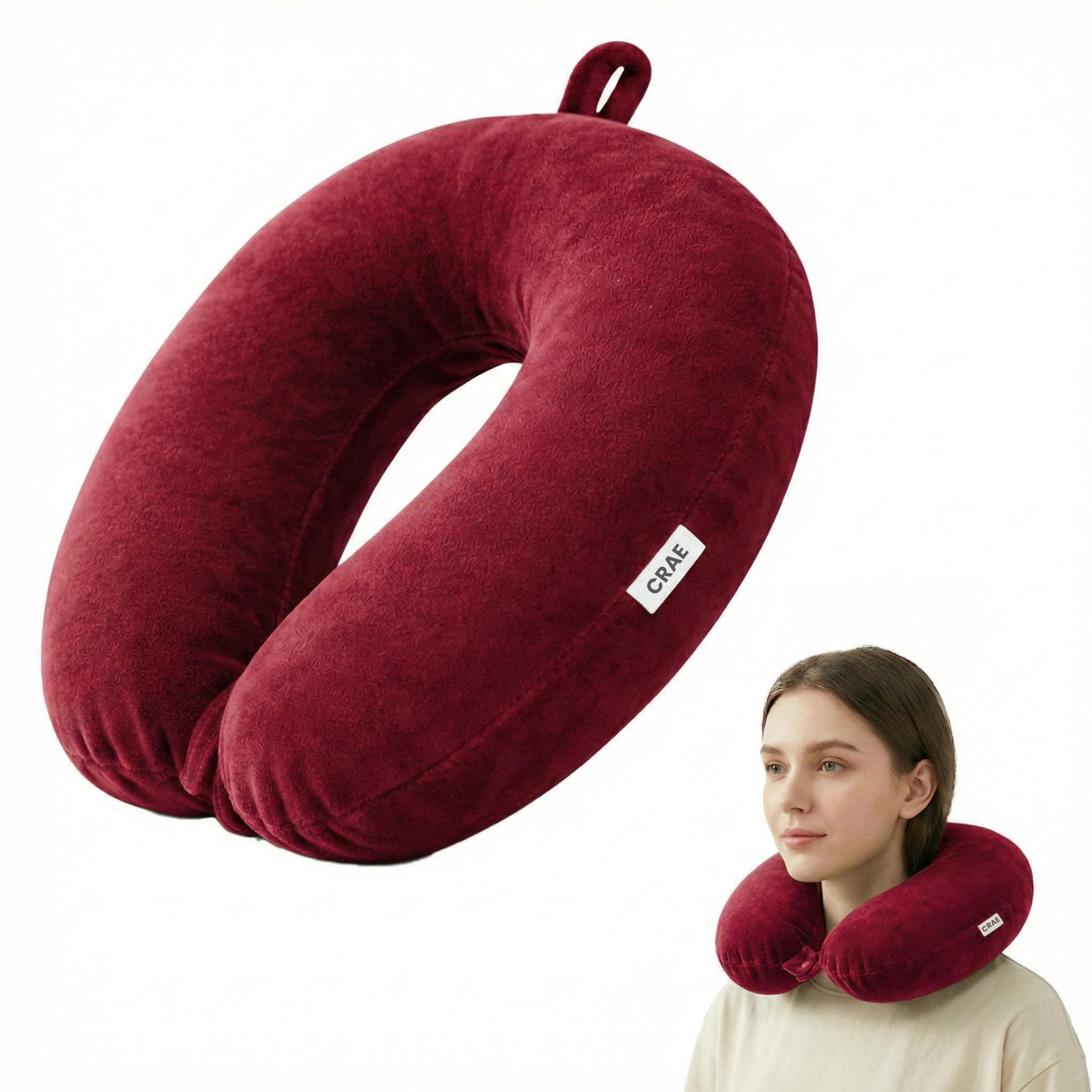 CRAE Travel Neck Pillow for Men & Women | Soft Fibre Cushion for Flight, Car & Train | Soft Velvet Fabric with Attachable Snap Strap | Cervical Support for Neck Pain Relief.Pack of 1(Maroon)