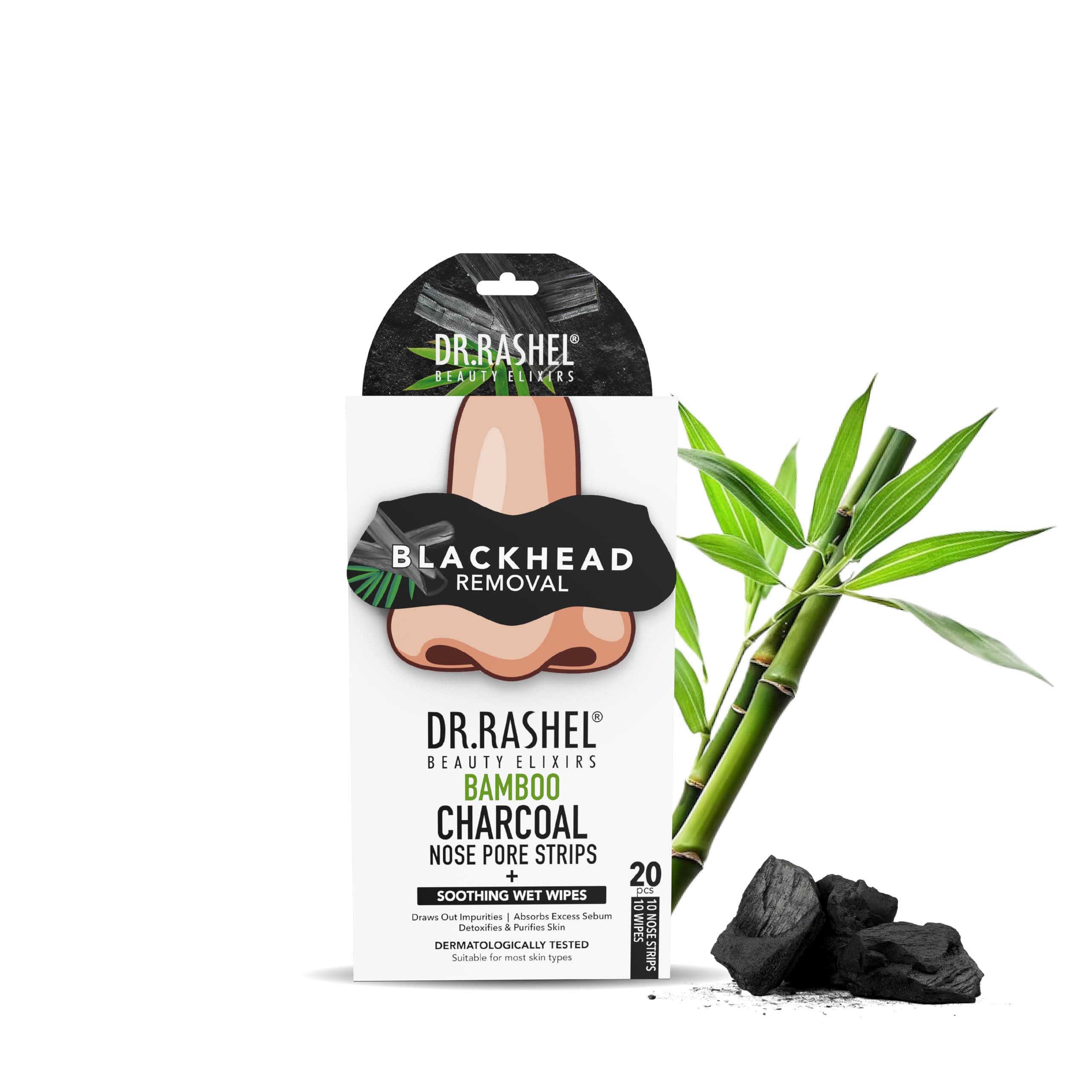 DR.RASHEL Bamboo Charcoal Nose Pore Strips | Activated Charcoal | Painless Blackhead Removal, Oil Control & Deep Dirt Cleansing | 20 PCS