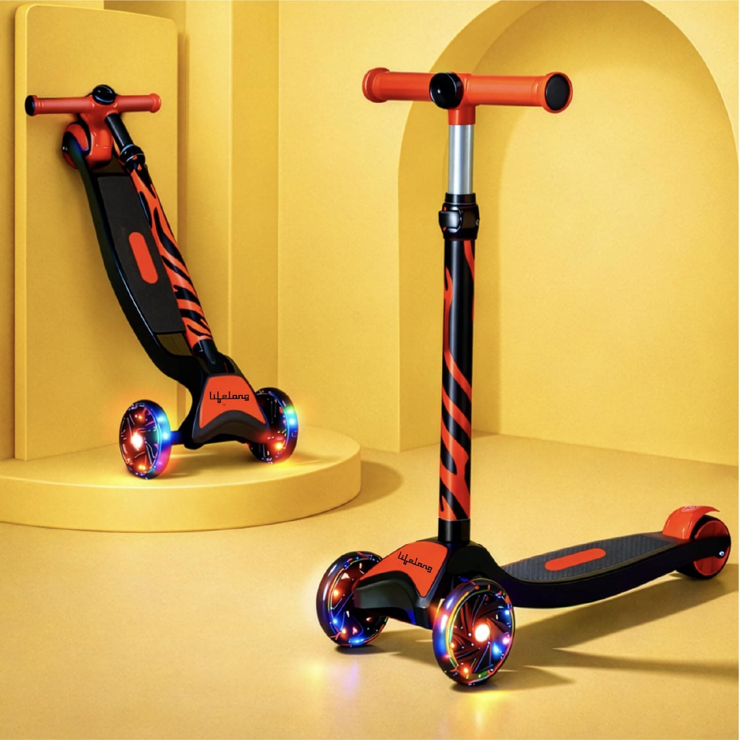 Lifelong Kick Scooter with Adjustable Height - Foldable - Skate for Kids with LED Wheel - Max User weight-50 kg, Red & Black, LLKS35