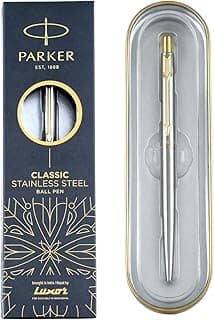 Parker Classic Stainless Steel Gold Trim Ball Pen| Ink Color - Blue | Perfect for Corporate Use | Elite Pen for Professionals