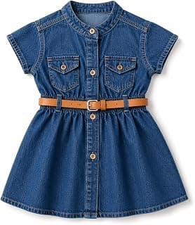 Bold N Elegant Girl’s Short Sleeve Front Open Stylish Cute Cotton Denim Dress Frock Tunic with PU Leather Belt and Pockets for Infant Toddler Baby Girls