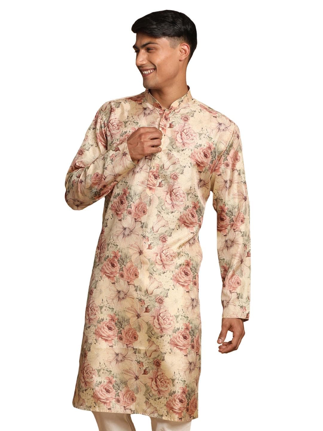 VASTRAMAY Men's Silk Blend Kurta | A Stylish Flower Printed Straight Kurta in Silk Blend Fabric - Traditional for Festive, Wedding