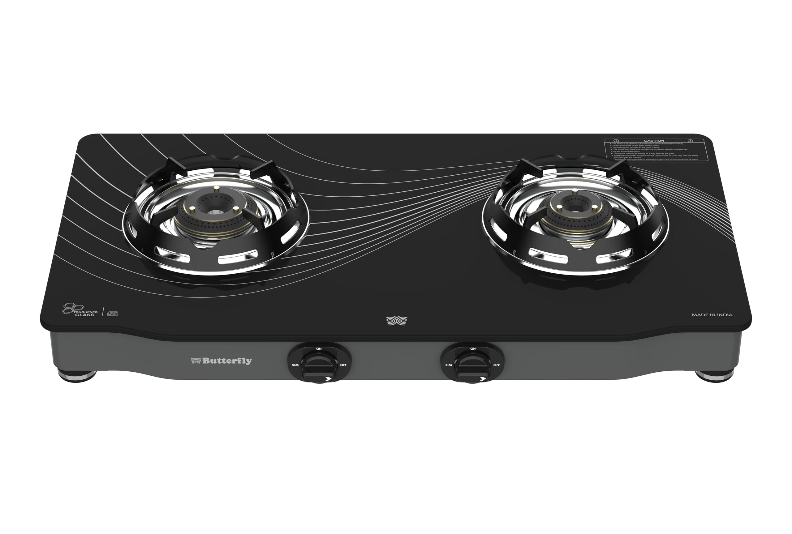 Butterfly Renz 2 Open Burner 3 Star Glass Top Gas Stove | Fan Shield | Leak Proof European Valve | Rust Resistant Frame | Patented Lift Lock | 8Mm Tempered Designer Glass | 2 Years Product Warranty