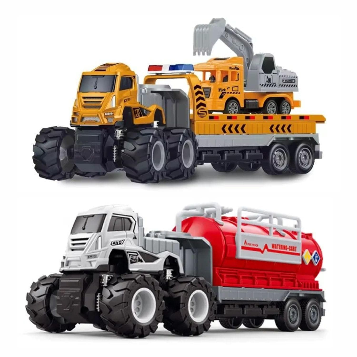 DEOXY 1:43 4WD Diecast Alloy 2 PCS Fire Truck Toys and Oil Tanker Toys for Boys with Friction Powered Minituare Car Vehicle for Kis (Pack o 2 - Yellow, Red)