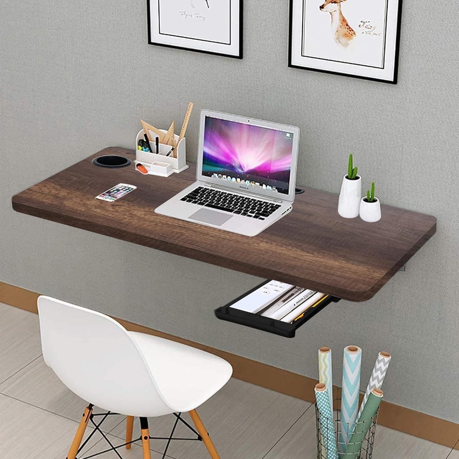 Torche 18x31 Inch Wall Mounted Folding Round Corner Study Table with Drawer & Cup Holder—Foldable Laptop Desk for Home & Office, Space-Saving & Stylish