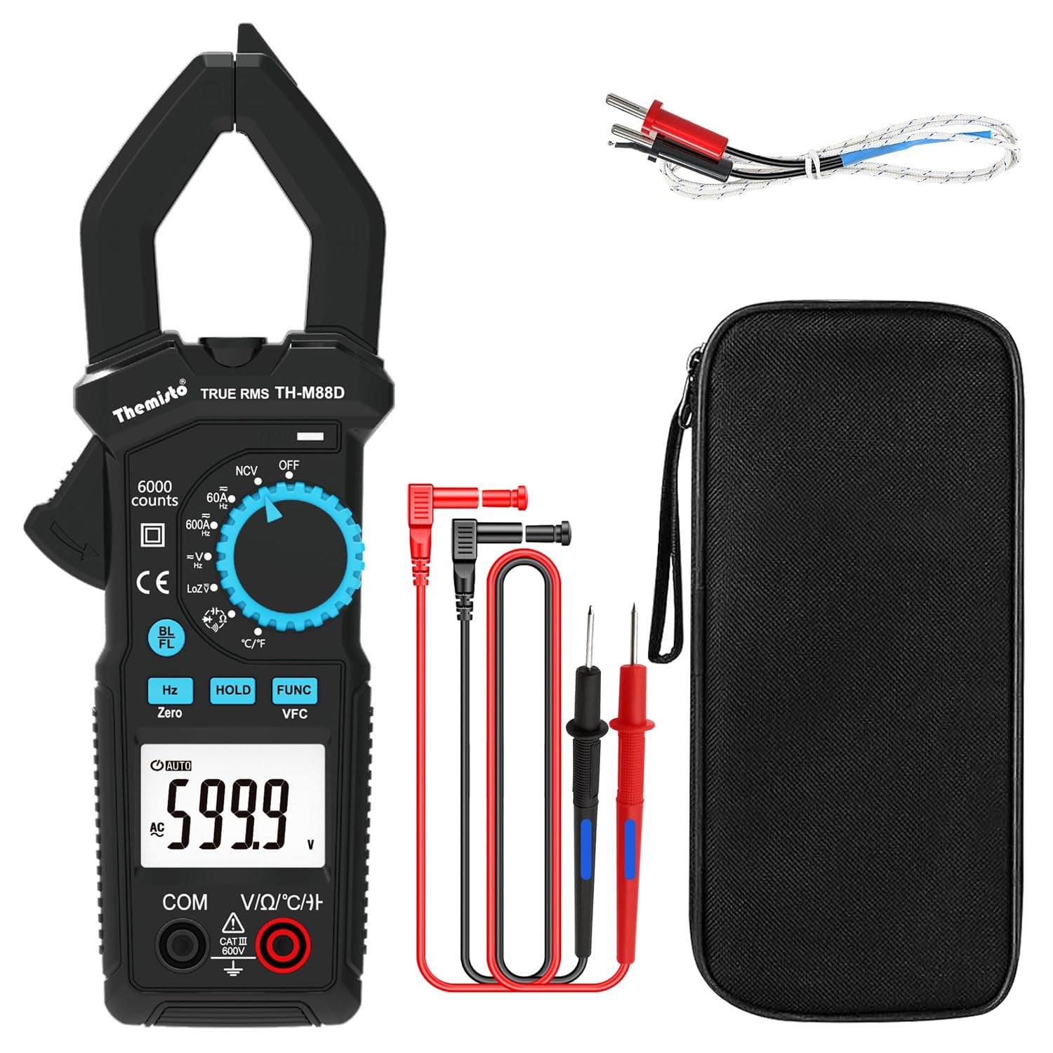 Themisto TH-M88D Auto Range, AC/DC Current, True Rms Digital Clamp Meter (600A,6000 Counts), Black