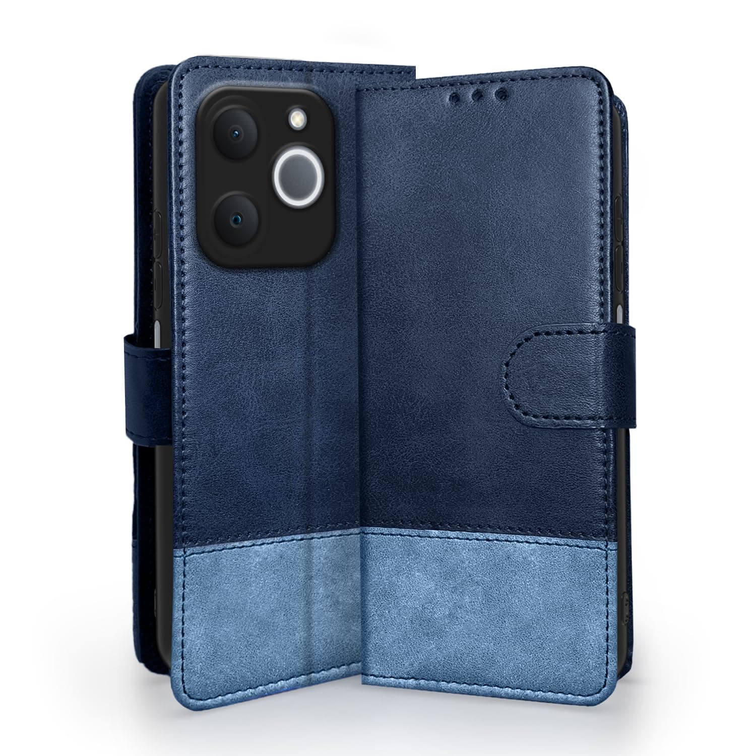 Amazon Basics Flip Cover for Realme Narzo 80 Lite 4G / Realme C71 5G | Wallet Style & Stand | Dual-Tone PU Leather Finish | Magnetic Flip Case (Navy & Light Blue)