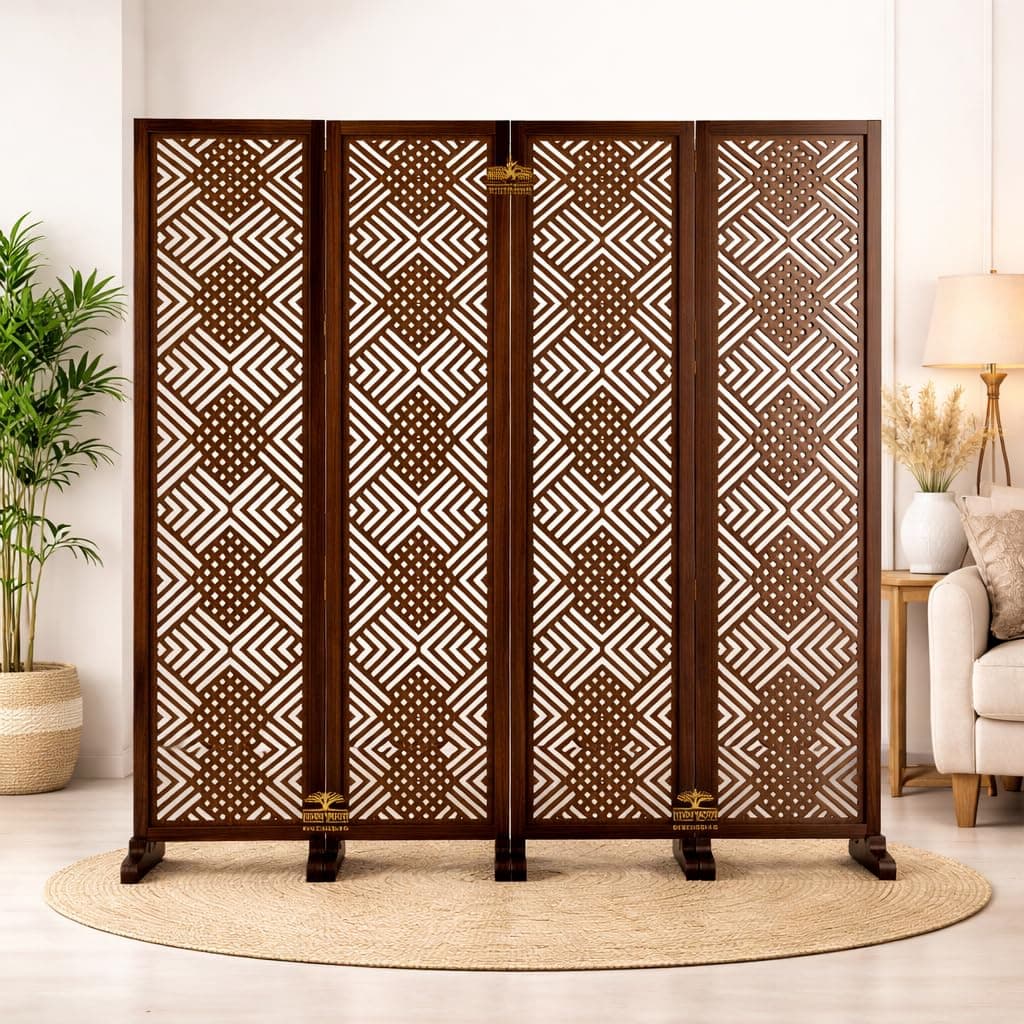 Rose Wood National Wooden Room Divider 6 Feet, 4-Panel Folding Wooden Partition for Living Room, Office, Pooja Room, Restaurant, Kitchen & Balcony (2W x 1.82H Meters). (Brown-Mixed Design)