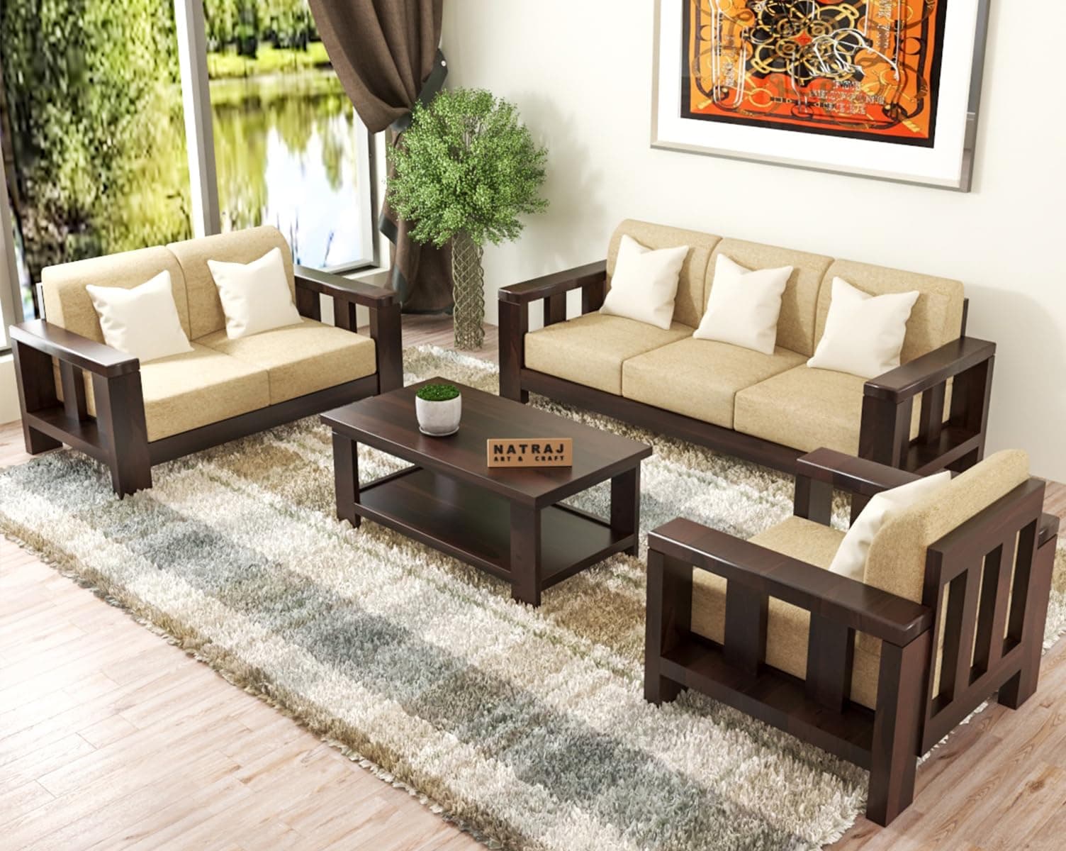 NATRAJ ART & CRAFT Sheesham Wood 5- to 6-Person Sofa Set for Living Room |with 40 Density Cushion | Wooden Sofa Set for Living Room Furniture (3+2+1 Walnut Finish)