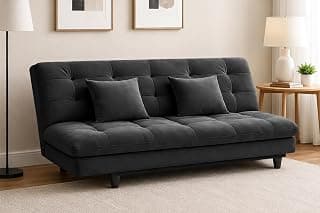 Modern Velvet Convertible 3-Seater Futon Sofa Bed with Tufted Sleeper Couch with Adjustable Backrest– Living Room Furniture-Black-Color