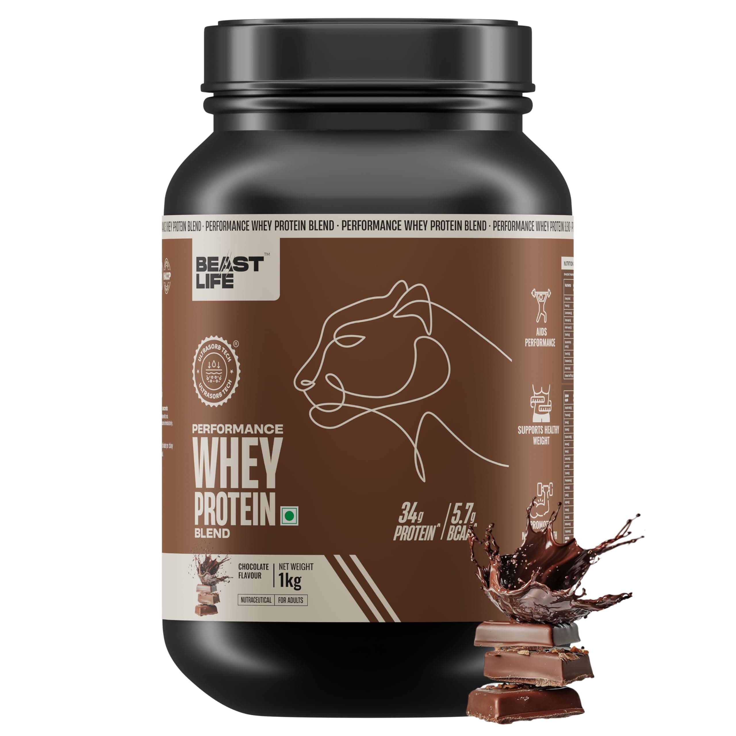 Beast Life Performance Whey Protein Blend | 34 g Protein | 5.7 g BCAA | 1 Kg | Chocolate | Muscle Growth & Recovery | Easy to Digest with Ultrasorb Tech | Smooth & Easy to Mix