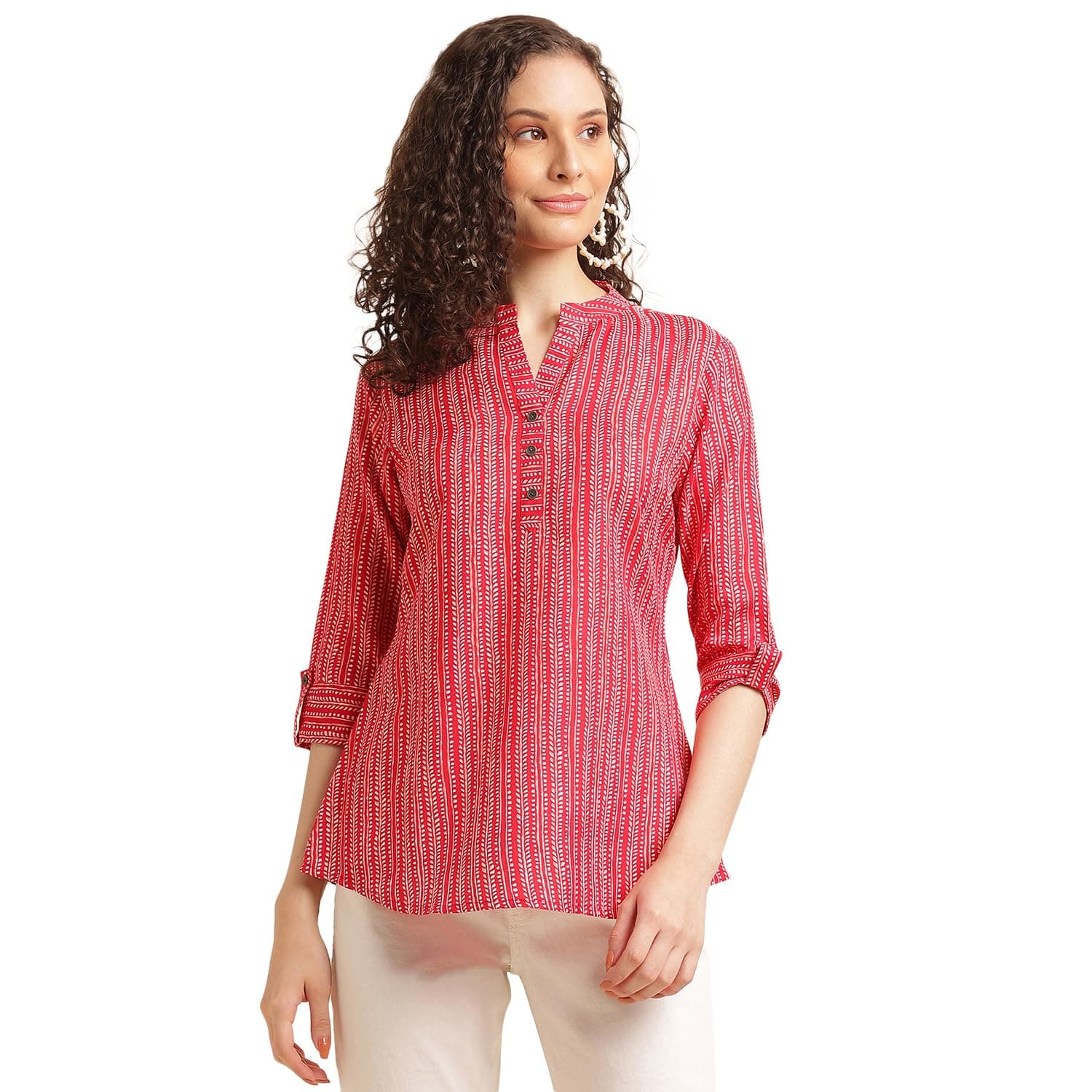 NAINVISH Tops for Women Printed Regular Fit Shirt, Tops for Women Stylish Latest|Office Wear Tops for Women|Cotton Blend Tops for Women|Mandarin Collar Top