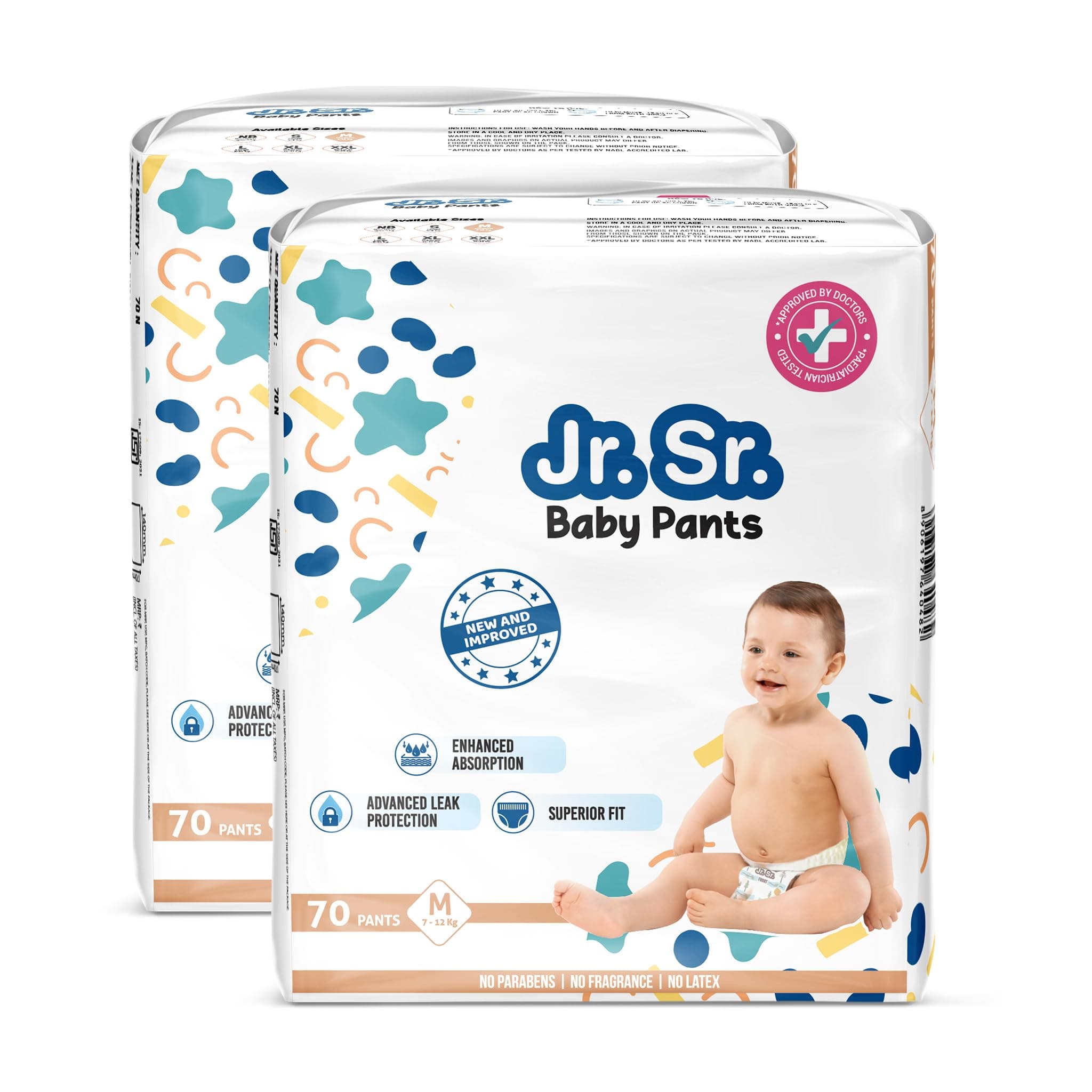 Jr. Sr. Baby Diaper Pants | Medium (M) Size (7-12 kg), 140 Count | Pack of 2 | Upto 12 hr Absorption with Advanced Leak Protection | Safe For Babies Skin | Soft, Secure & Comfy
