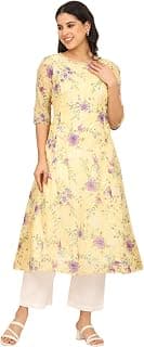 Aurelia Women's Yellow Floral Printed A-line Kota Kurta in Boat Neck