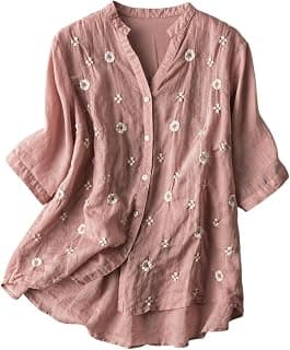 RIEKA Womens Floral Applique Embroidered Fancy Top with Mandarin Collar Button Down Front Half Sleeves Relaxed Fit Casual Tunic Top for Women