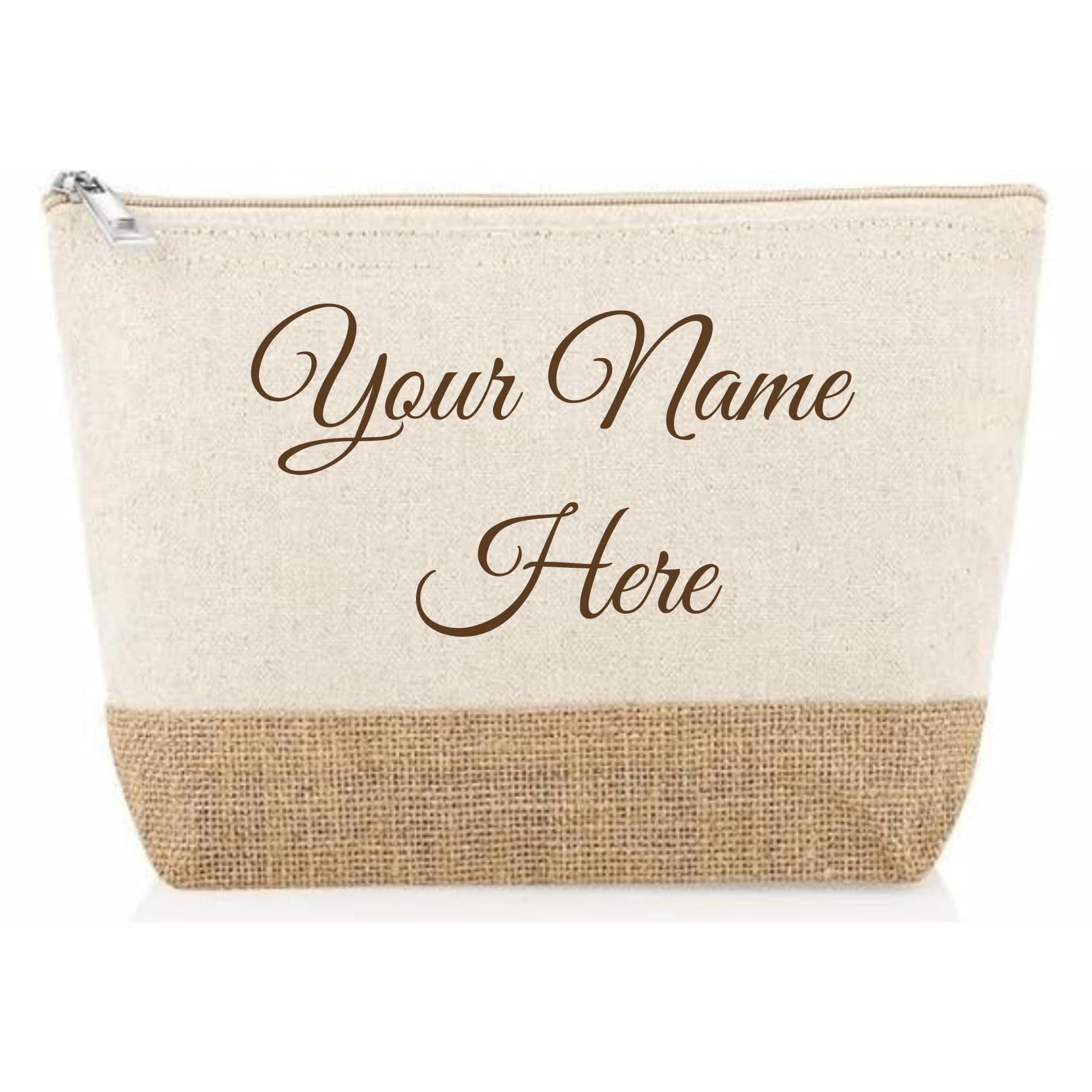 Crownlit Personalized Cotton and Jute Makeup Pouch, 25 x 16.5 x 6 cm(Big), Customizable Name, Natural