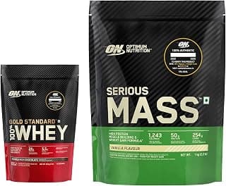 OPTIMUM NUTRITION (ON) Gold Standard 100% Whey Protein Powder 1 Lbs, 454 G (Double Rich Chocolate) & Serious Mass Gainer (Veg), High Protein High Calorie Weight Gainer - 1 Kilogram (Vanilla), 1 Scoop