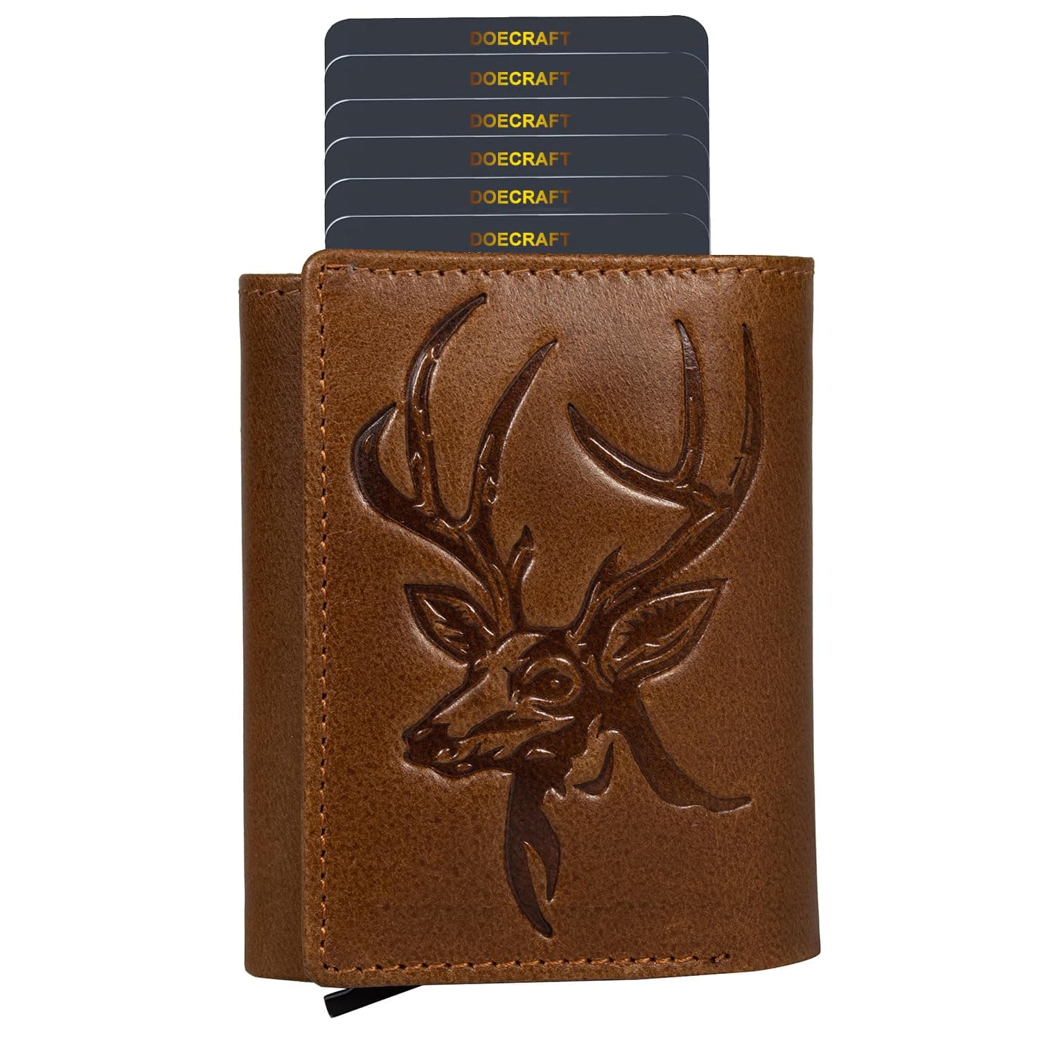 DOECRAFT Men’s Genuine Leather RFID Wallet | Premium Slim Red Wallet for Men with Deer 3D Print | 8 Card Slots Secure and Durable Design | Casual Stylish | Formal & Gifting Use, Tan and Black