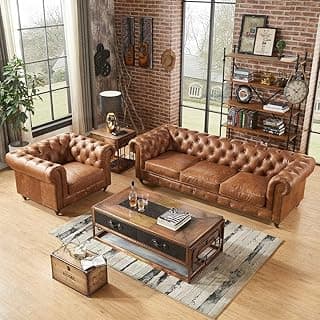 Classic Leatherette Chester Sofa Set Button Tufted, Classic Style Sofa Set 4-Person Sofa for Living Room, Office, and Hallway Colour (Brown Leatherette, 3+1 = 4 Seater Sofa)
