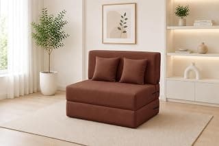 Los Angeles Foldable One Seater Sofa Cum Bed, Sofa Bed 3 X 6 Feet Jute Fabric Washable Cover- Including Two Cushion Perfect for Living Room & Office, Guest Room - Brown Color