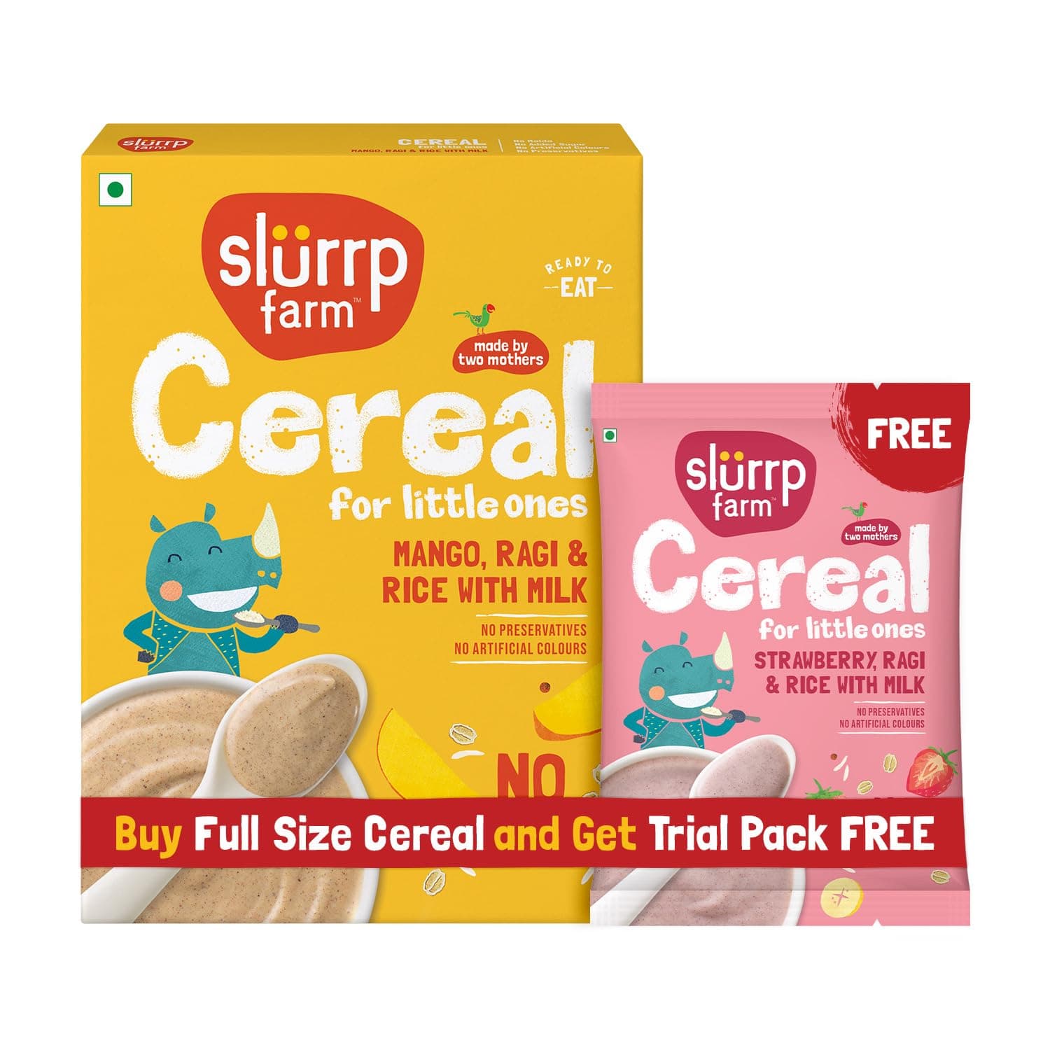 Slurrp Farm No Added Sugar Instant Cereal | Ragi, Rice and Mango with Milk | Free Strawberry Cereal Trial Pack | 200g + Free 50g