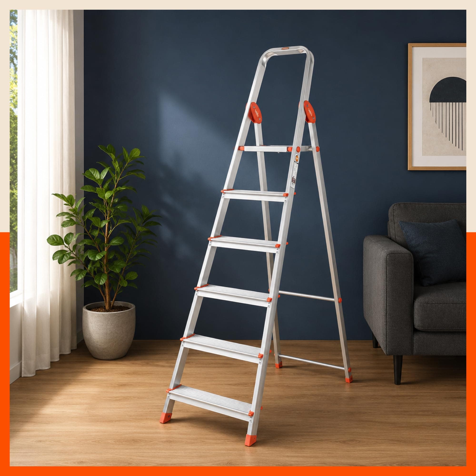 Bathla Advance 6-Step Aluminium Ladder | 150 Kg Load Capacity | Anti-Slip Steps | Sure-Hinge Technology | Home Use Step Ladder | 5 Year Warranty