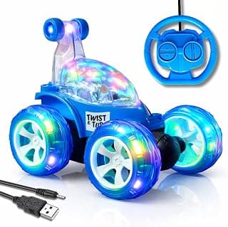 USB Rechargeable 360° Remote control Stunt Car Toy for Kids, Big Size 4WD RC Racing Car for Boy & Girls with RGB Lights Music,Anti-Skid Rubber Tires, Age 4+, Indoor Outdoor Play(9802 BLUE)