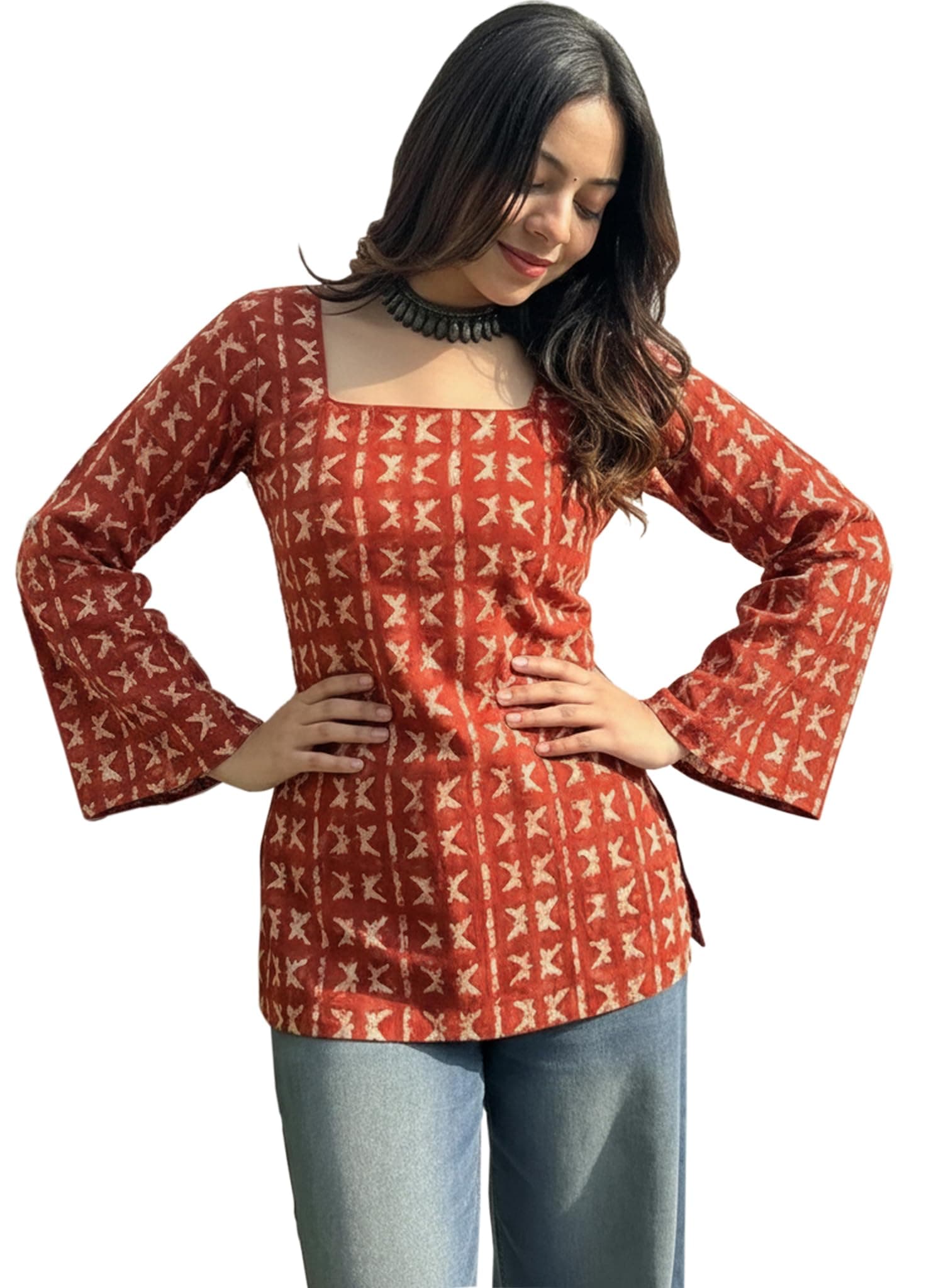 ANNI Designer Women’s Viscose Blend Printed Short Kurti | Straight Fit Ethnic Top with Square Neck | Bell Sleeve Indian Kurta for Office College Casual Use
