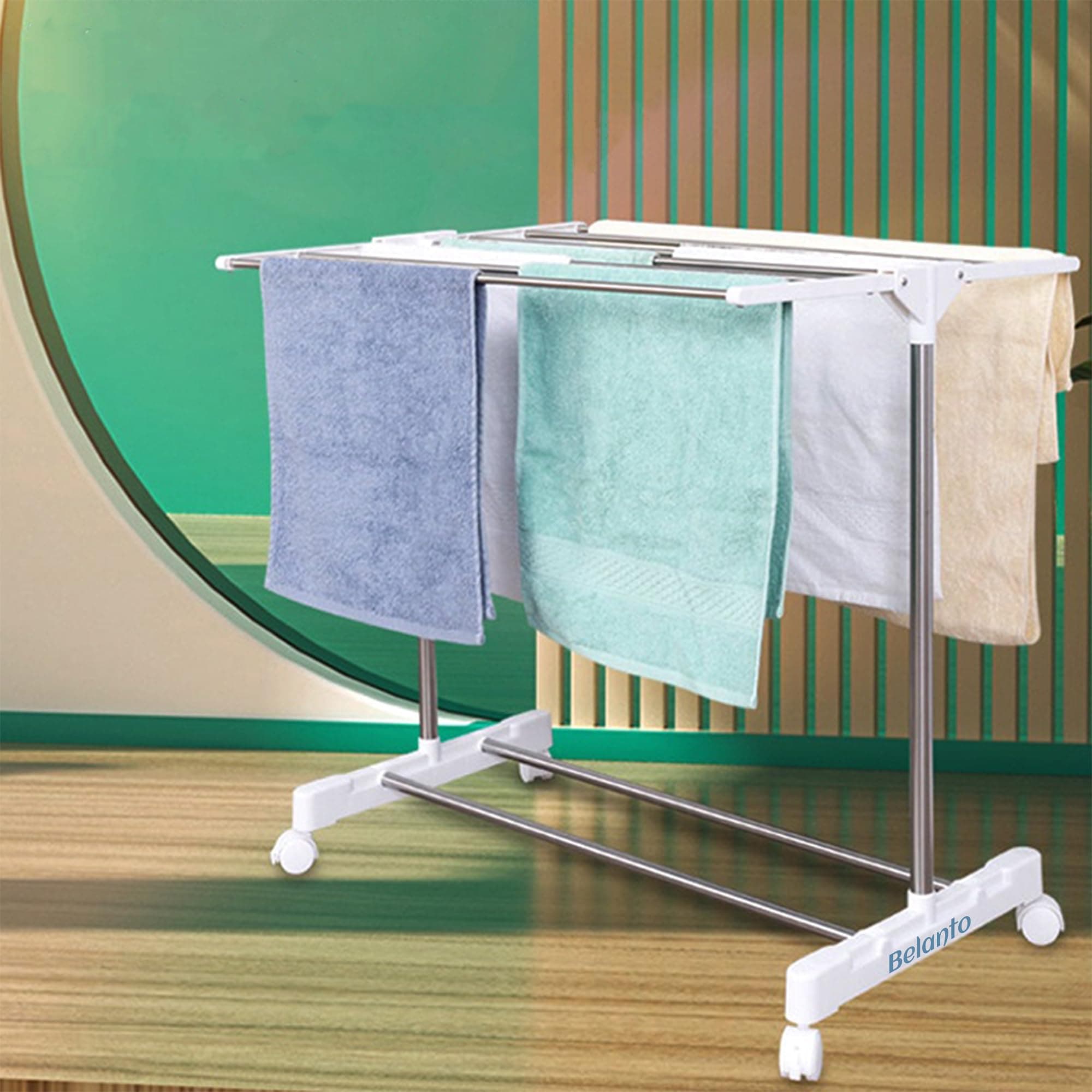 Belanto Stainless Steel Double Pole Telescoplc Clothes Drying Rack|Foldable Single Clothes And Garment Hanging Clothes Drying stand|Laundry Drying stand With Wheels (Cloth stand)