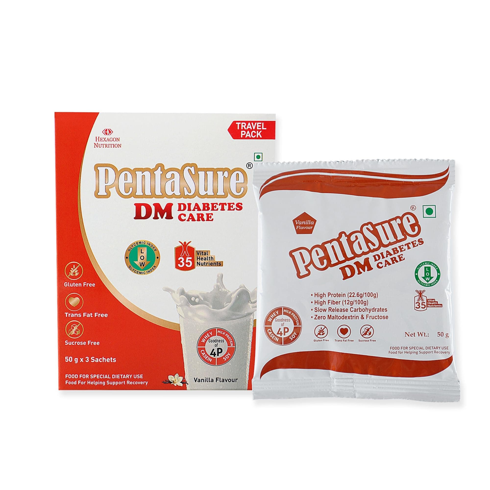 PentaSure DM Diabetes Care - High Protein, High Fiber, Low GI | Zero Fructose Nutritional Drink Manages Blood Sugar, Manage Cholesterol Level | Vanilla Flavor - 150g (3 * 50g) | 4P Proteins Power