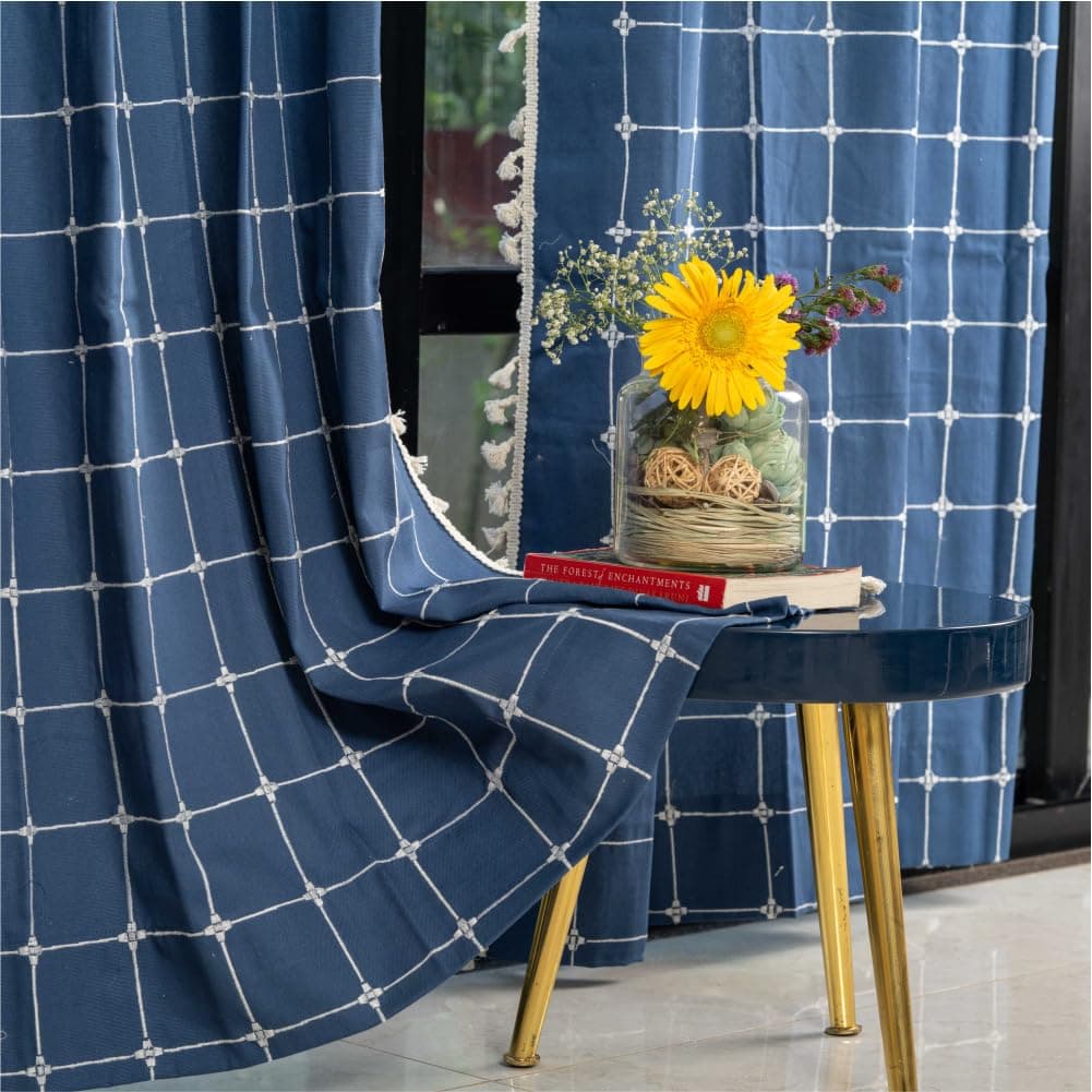 Urban Space Embroidery Curtains For Door, 100% Cotton 7 Ft Pack Of 1 Decorative Curtain With Tassels, Tieback & Eyelets, 60-65% Room Darkening (Indigo Checks, 7 Feet)