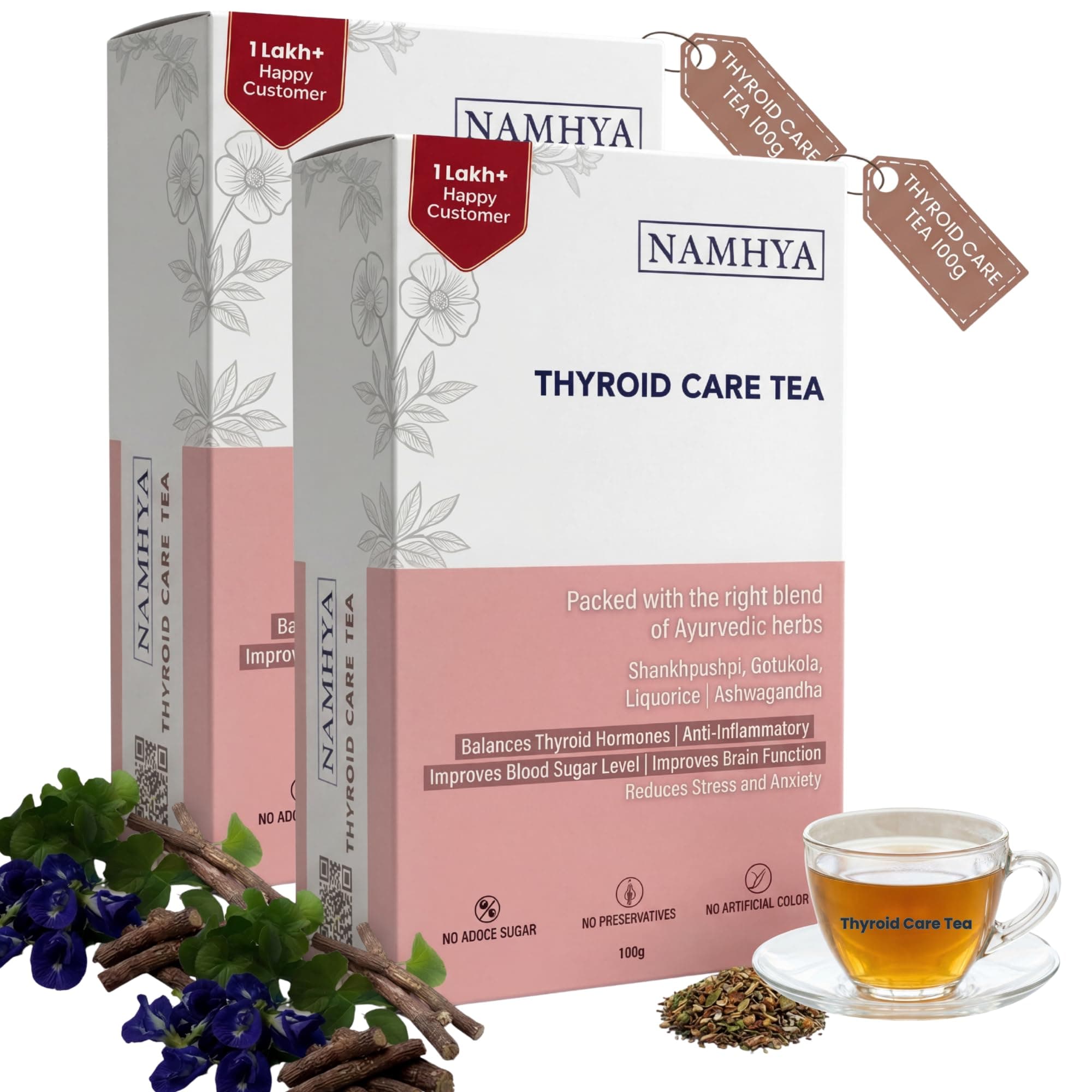 Namhya Thyroid Balance Herbal Tea | Ayurvedic Loose Leaf Formula with Ashwagandha, Gotu Kola & Mulethi | Aids Energy, Stress Control, Metabolic Function & Wellbeing | Caffeine Free | 2 Pack 100 cups