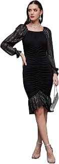 Miss Chase Women's Square Puff Sleeve Solid Ruching Midi Dress