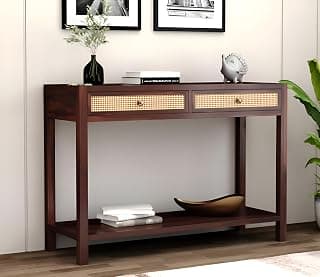 Solid Sheesham Wood Console Table for Living Room | Bedroom | Wooden Console Table with 2 Drawers and 1 Open Shelf Storage Home Furniture | Finish Color - Warm Chestnut Finish |