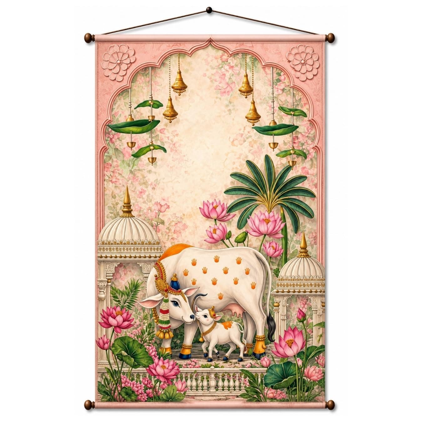 Adorvue Kamdhenu Cow Tapestry Wall Hanging for Living Room & Pooja Room | Spiritual Lotus Temple Wall Decor | Hindu Devotional Fabric Tapestry for Home, Meditation & Festive Decor 20x30 Inch