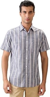 Colorplus Men Regular Fit Stripe Pattern Pure Cotton Plain Collar Half Sleeve Casual Shirt