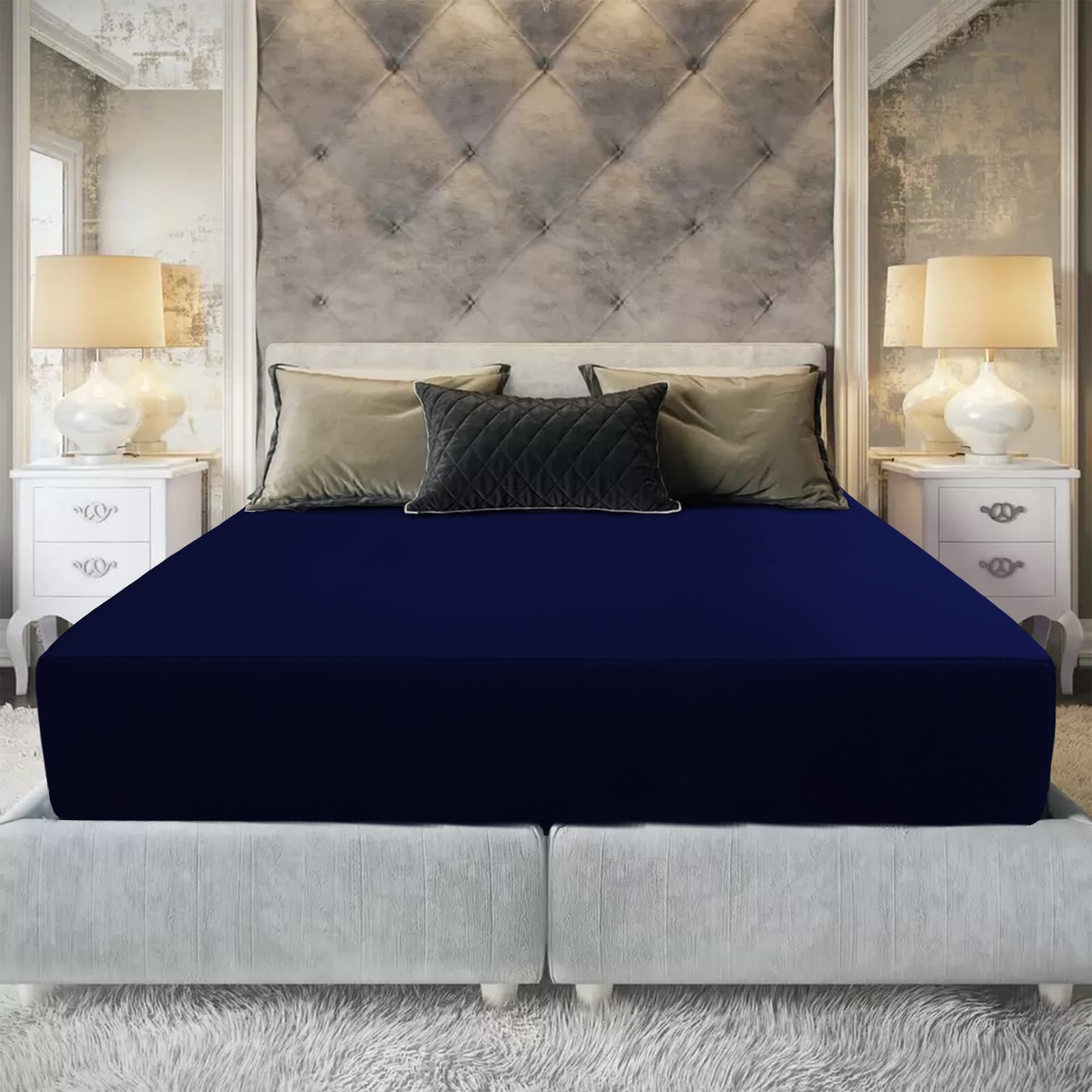 Dream Care Divine Cotton Cottas Wonder Waterproof Mattress Protector 72x60 Inch for Queen Size Bed | Ultra Soft & Hypoallergenic Mattress Cover (Pack of 1_Navy Blue)