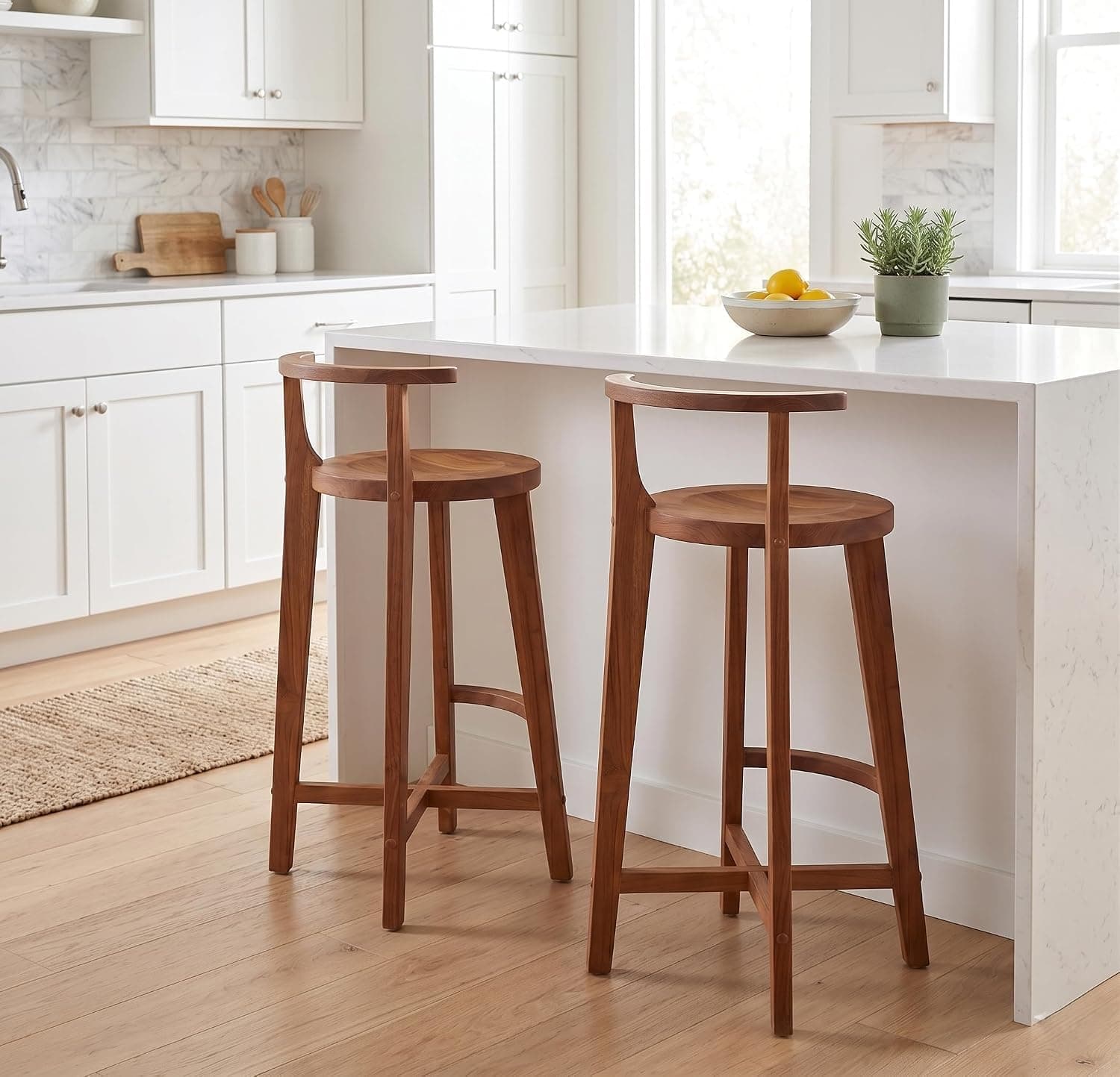 Indigo interiors Sheeesham Wood bar Chairs/bar Stool/Kitchen Chair with Rounded Back Rest with arm Rest in Natural Brown Finish 29 inches Seating Height, Set of 2