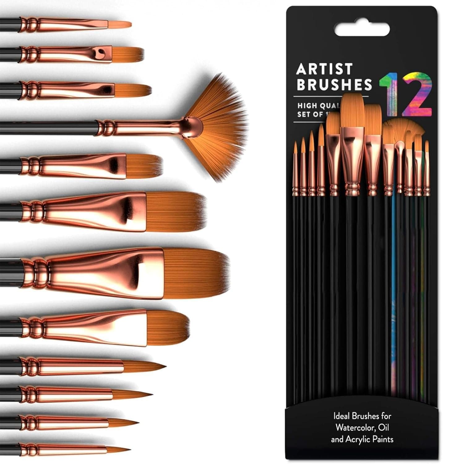 GLUN® Paint Brushes 12 Different Professional Drawing Paint Brushes, Wide to Fine Tip, Nylon Hair Artist Paintbrushes