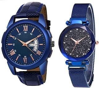 SELLORIA Stainless Steel Analogue Round Blue Dial Men's & Women's Couple Watch Combo