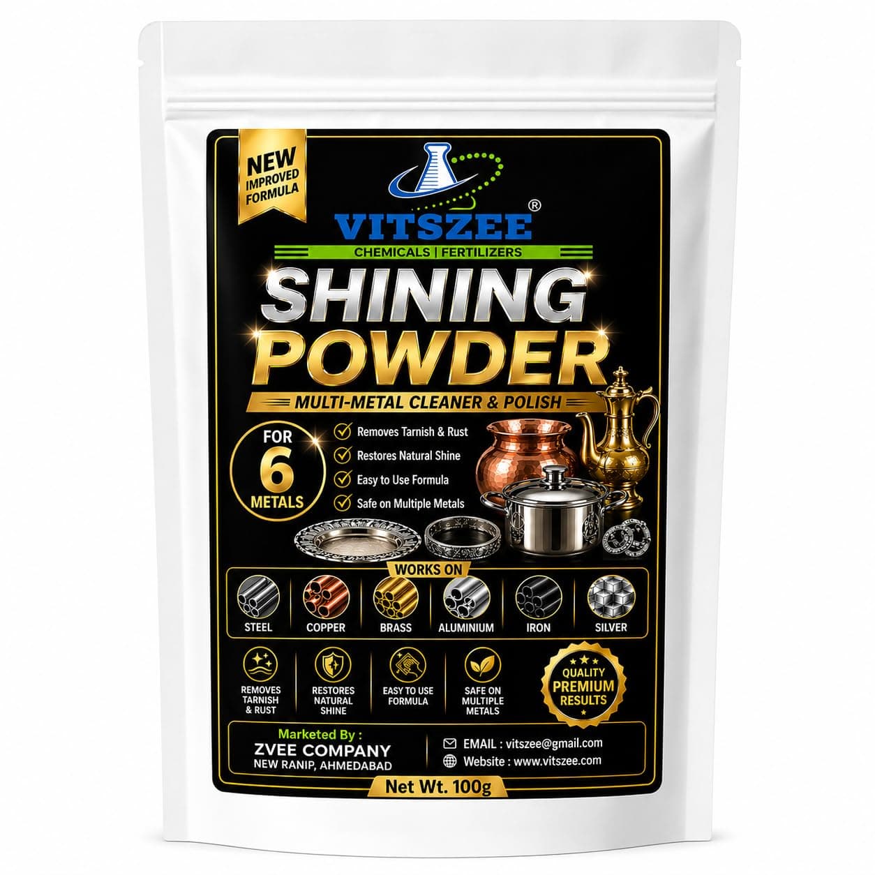 VITSZEE Shining Powder for 6 Metals (100g) | Multi-Metal Cleaner & Polish | Removes Tarnish, Rust & Oxidation | For Steel, Copper, Brass, Aluminium, Iron & Silver | Powerful Shine Restorer