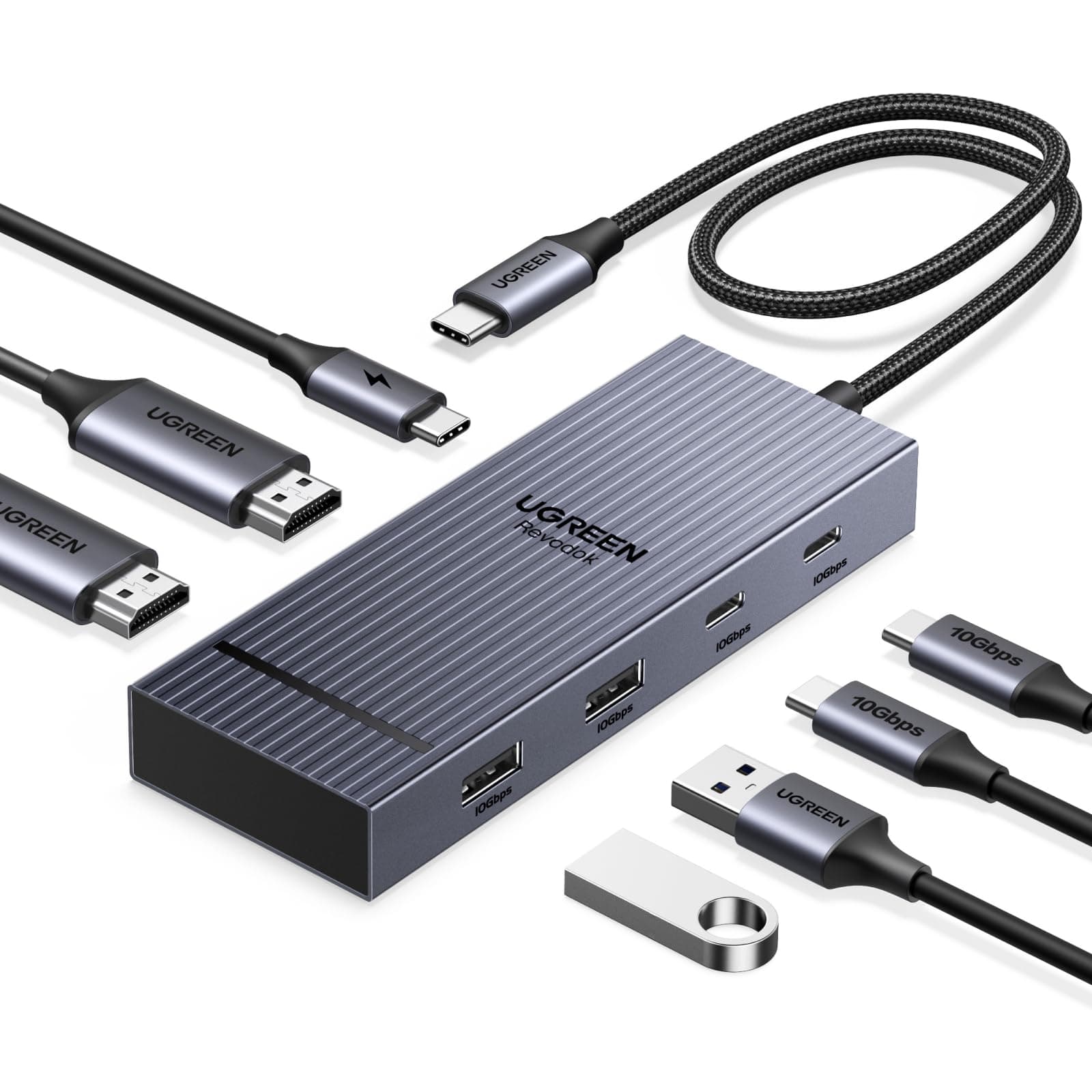 UGREEN Revodok Pro 207 USB C Docking Station Dual Monitor, 7-in-1 Dock with 4K@60Hz HDMI, 10Gbps 2 Type C and A Data Ports, 100W PD Port for PC, Laptop, Dell XPS, HP, Thinkpad, and More