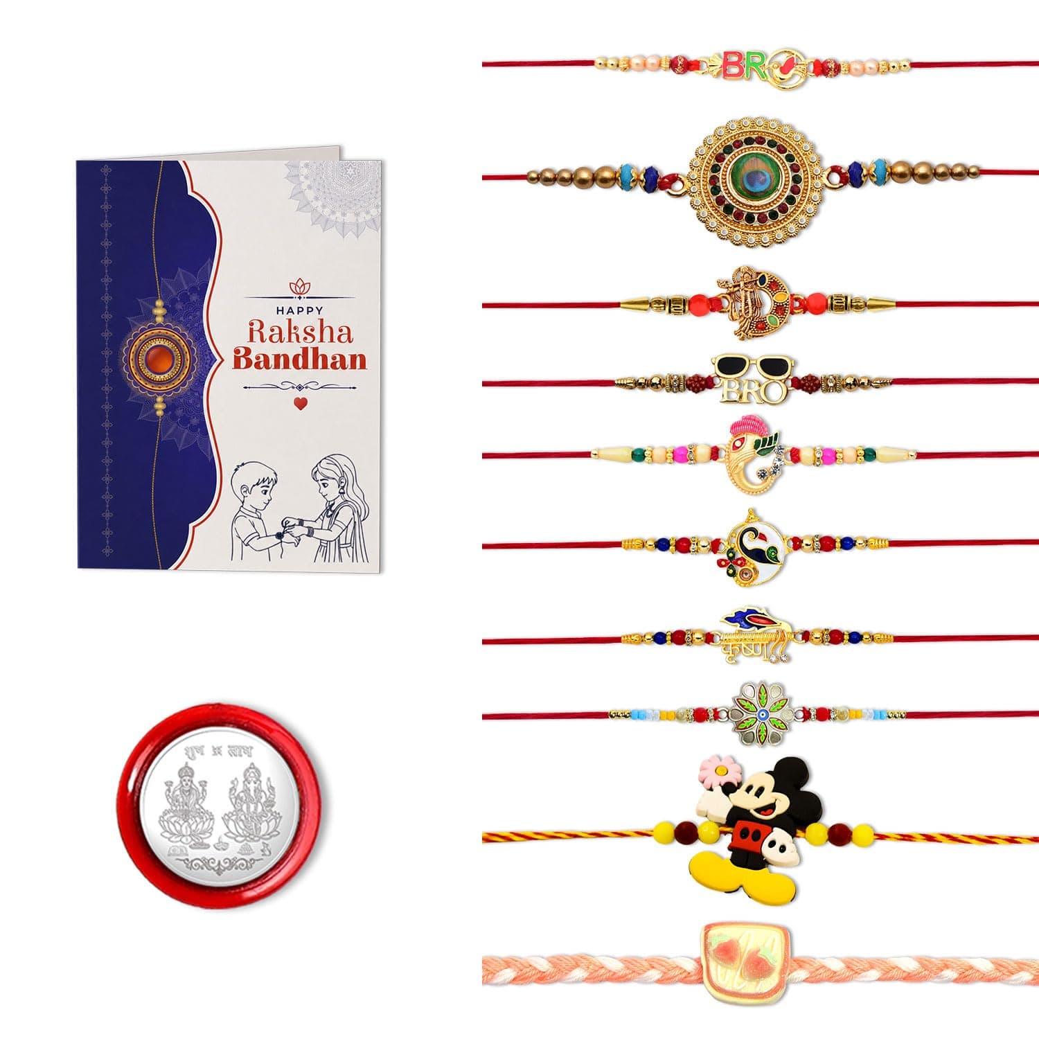 Periapt Rakhi Gift Set for Brother & Bhabhi – Traditional Rakhis with Silver Coin & Greeting Card - Combo for Raksha Bandhan