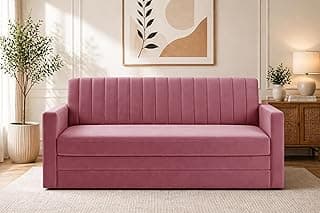 Modern Velvet 3-Seater Sofa Cum Bed with Armrest, Convertible Sleeper Couch Sofa for Living Room, Bedroom & Office-Rose Pink