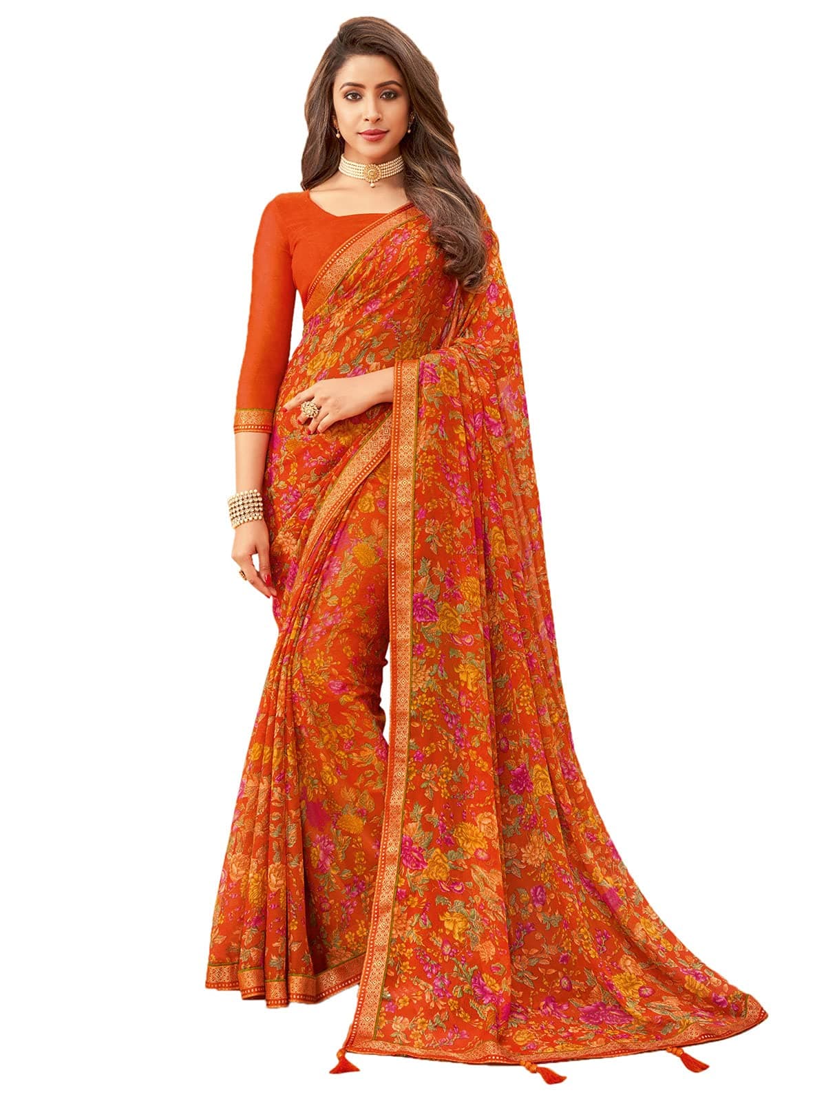 SIRIL Women's Floral Printed Chiffon Saree with Blouse