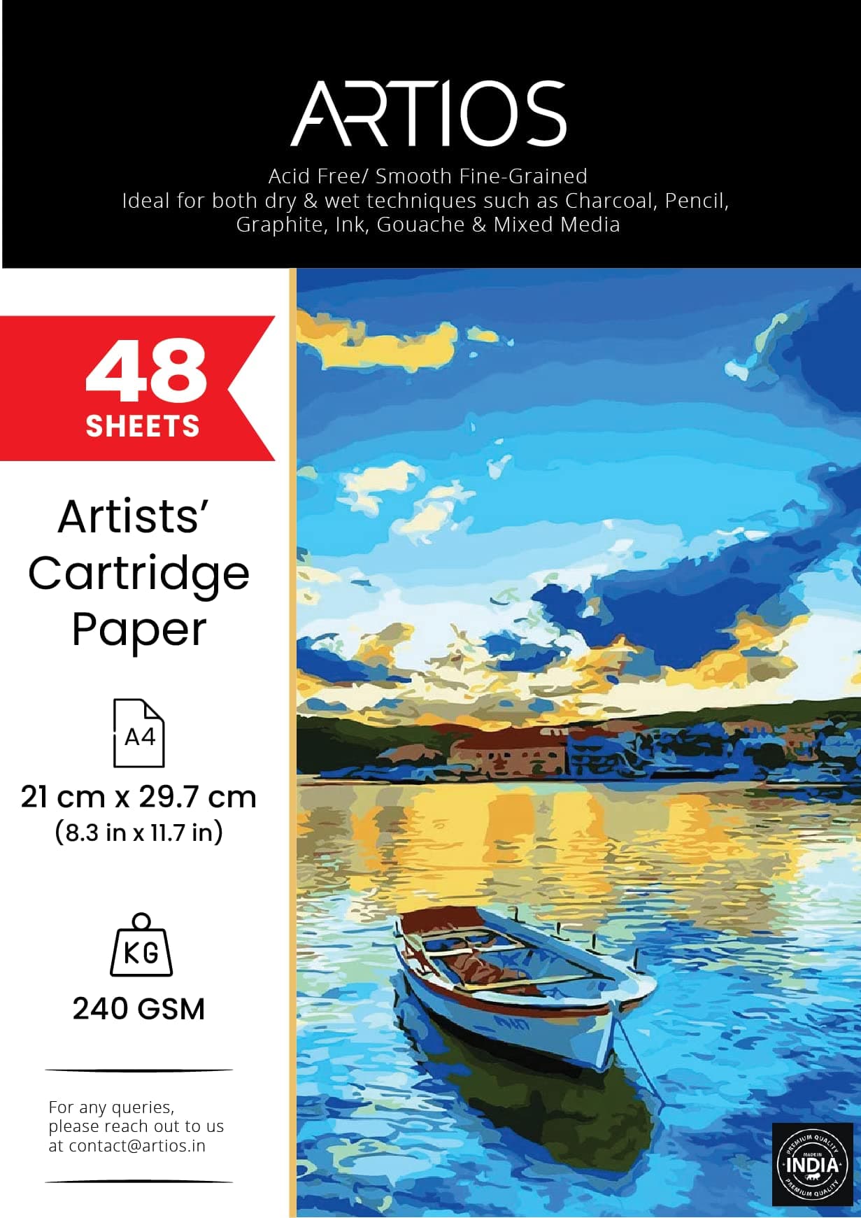ARTIOS Mixed Media Cartridge Paper A4 240 GSM - 48 Drawing Sheets for Artists, Ideal for Charcoal, Graphite, Acrylic, Watercolor, Gouache, Ink, & Other Mixed Media