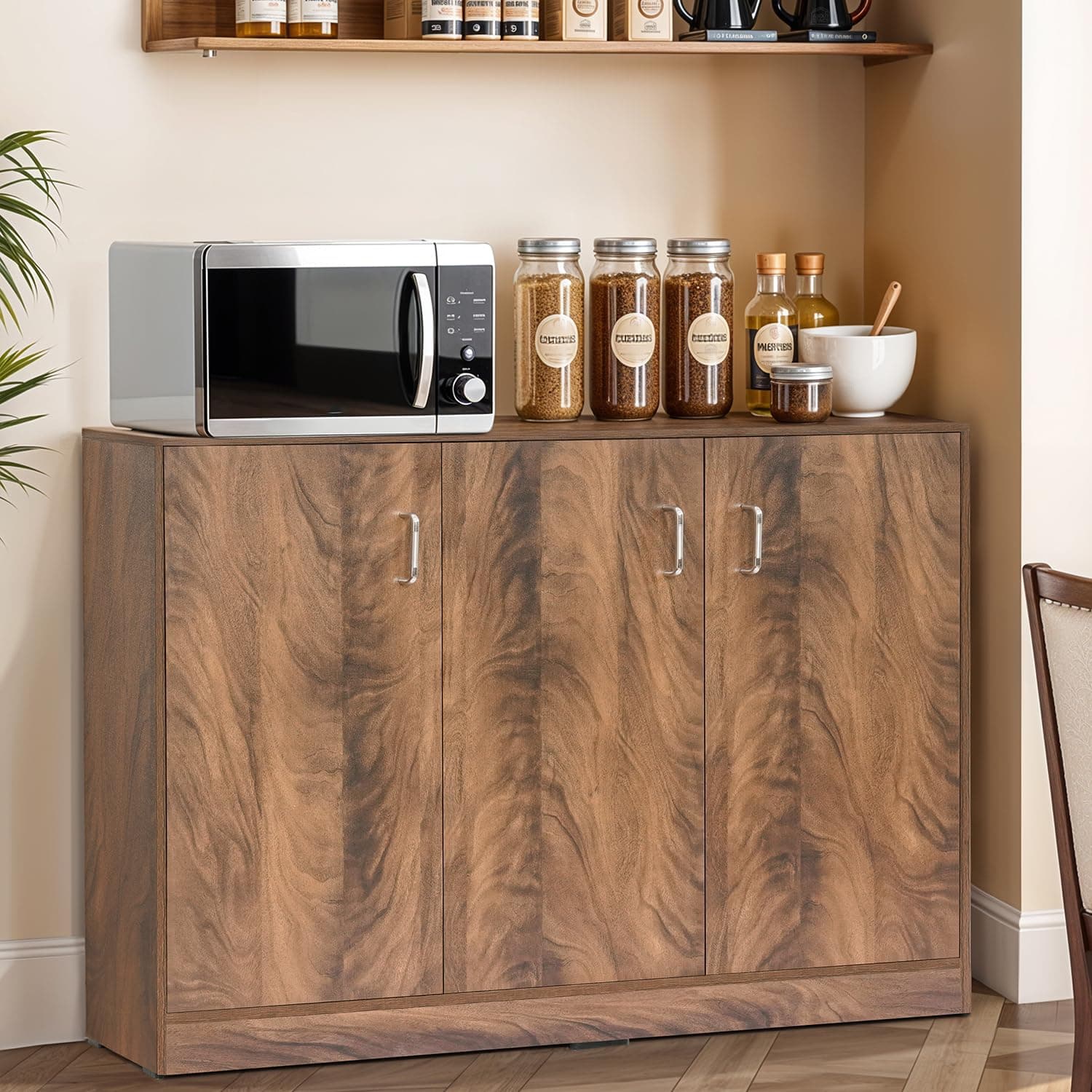 ABOUT SPACE 2 Tier Kitchen Organizer Rack - 3ft 3 Door Engineer Wood Kitchen Cabinet with Adjustable Shelves, Easy to Assemble for Home Living Room (Walnut - L 105 x B 30 x H 91.5 cm)