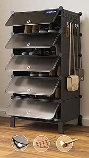 BOXJOY 5 Shelf Shoe Rack with 5 Doors, Magnets, 5 Hook Steel Holder & Wooden Hammer for Home Storage PP Plastic Organizer with Metal Door Frame to Cover Chappal Slipper Sandals Shoes Box Stand (Black)